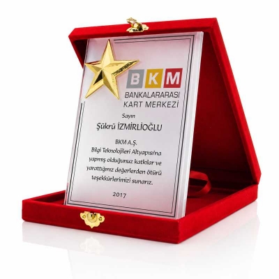 3d Yıldızlı Kadife Kutulu Kristal Plaket