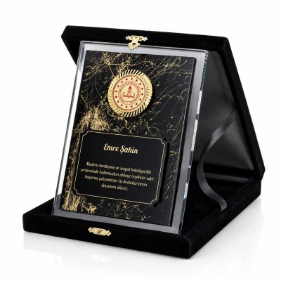 Altın Desenli Mermer Kadife Kutulu Kristal Plaket