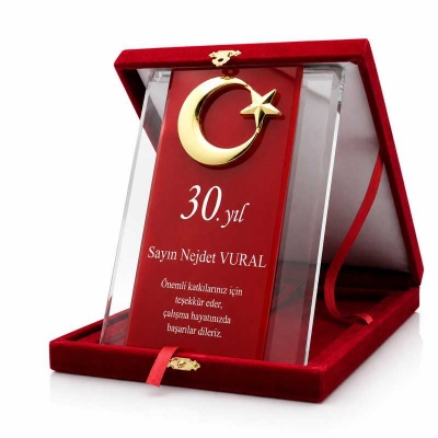Ay Yıldızlı Kadife Kutulu Kristal Plaket
