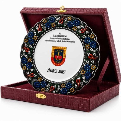 Çini Tabak Plaket Bordo Deri Kutulu