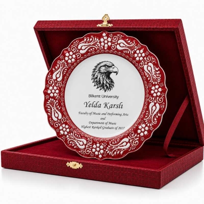 Çini Tabak Plaket Kırmızı Deri Kutulu