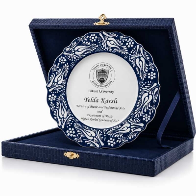 Çini Tabak Plaket Lacivert Deri Kutulu