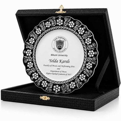 Çini Tabak Plaket Siyah Deri Kutulu