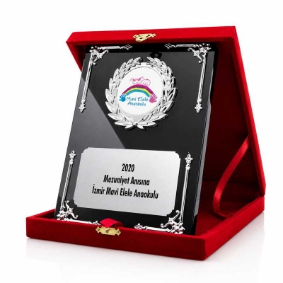 Gümüş Desenli Kadife Kutulu Kristal Plaket