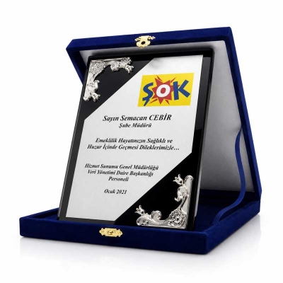 Gümüş Lale Desenli Kadife Kutulu Kristal Plaket