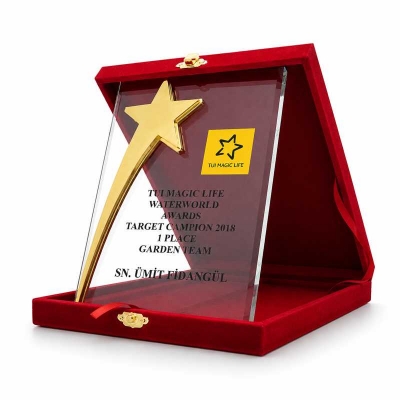 Kutup Yıldızlı Kadife Kutulu Kristal Plaket