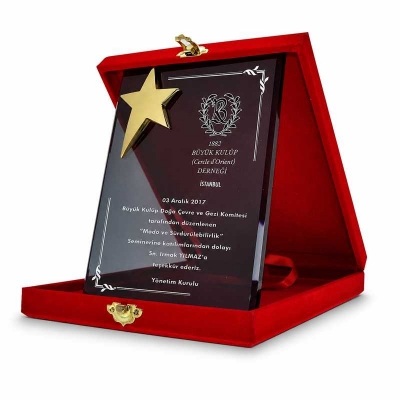 Füme Yıldızlı Kadife Kutulu Kristal Plaket