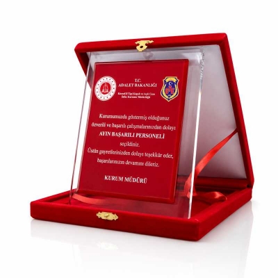 Kırmızı Kadife Kutulu Kristal Plaket