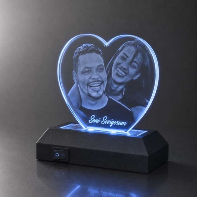 Lazer Patlama Fotograflı Kristal Kalp Hediye