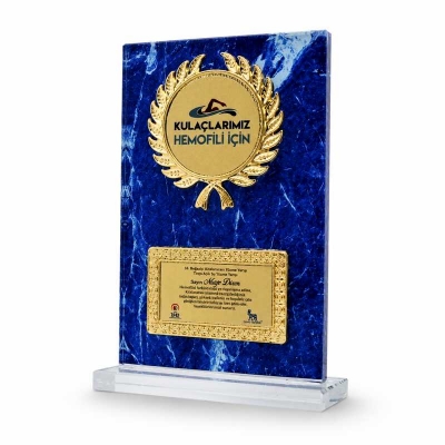Mavi Mermer Desenli Fasetli Kristal Plaket