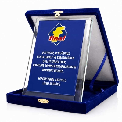 Mavi Zeminli Kadife Kutulu Kristal Plaket