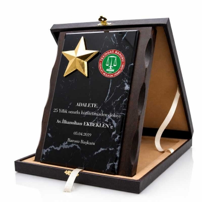 Mermer Desenlı Yıldızlı VIP Ahşap Plaket