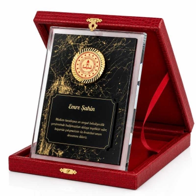 Altın Desenli Mermer Kadife Kutulu Kristal Plaket