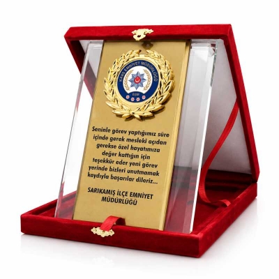 Varak Altın Zeminli Kadife Kutulu Kristal Plaket