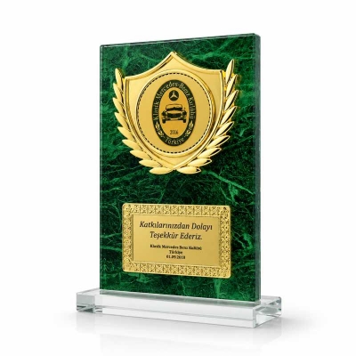 Yeşil Mermer Desenli Fasetli Kristal Plaket